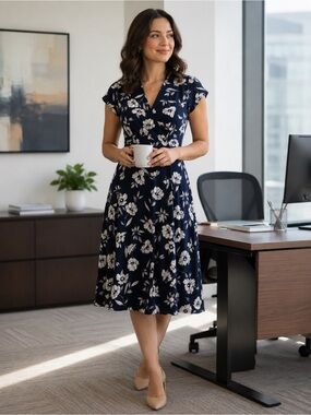 Ann Taylor Navy Floral Wrap-Style Midi Dress
